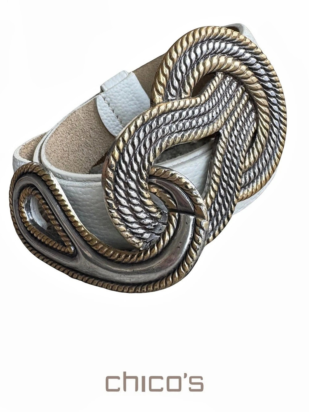 Chico's White Adjustable Genuine Leather Gold & Silver Ornate Buckle Belt S/M